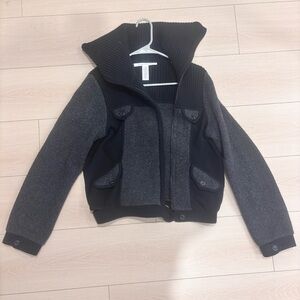 Diane von Furstenberg Wool Bomber Jacket – Grey & Black (Ribbed Shawl Collar)